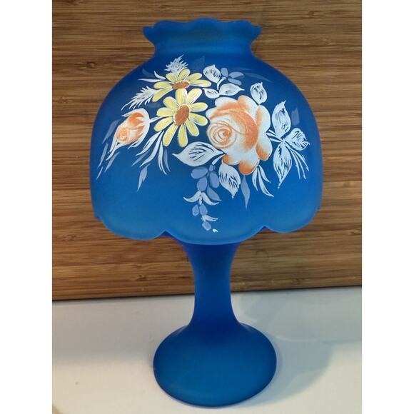 Vintage Westmoreland Glass Candle Lamp Unique Satin Blue with Daisy And Roses - Picture 7 of 9